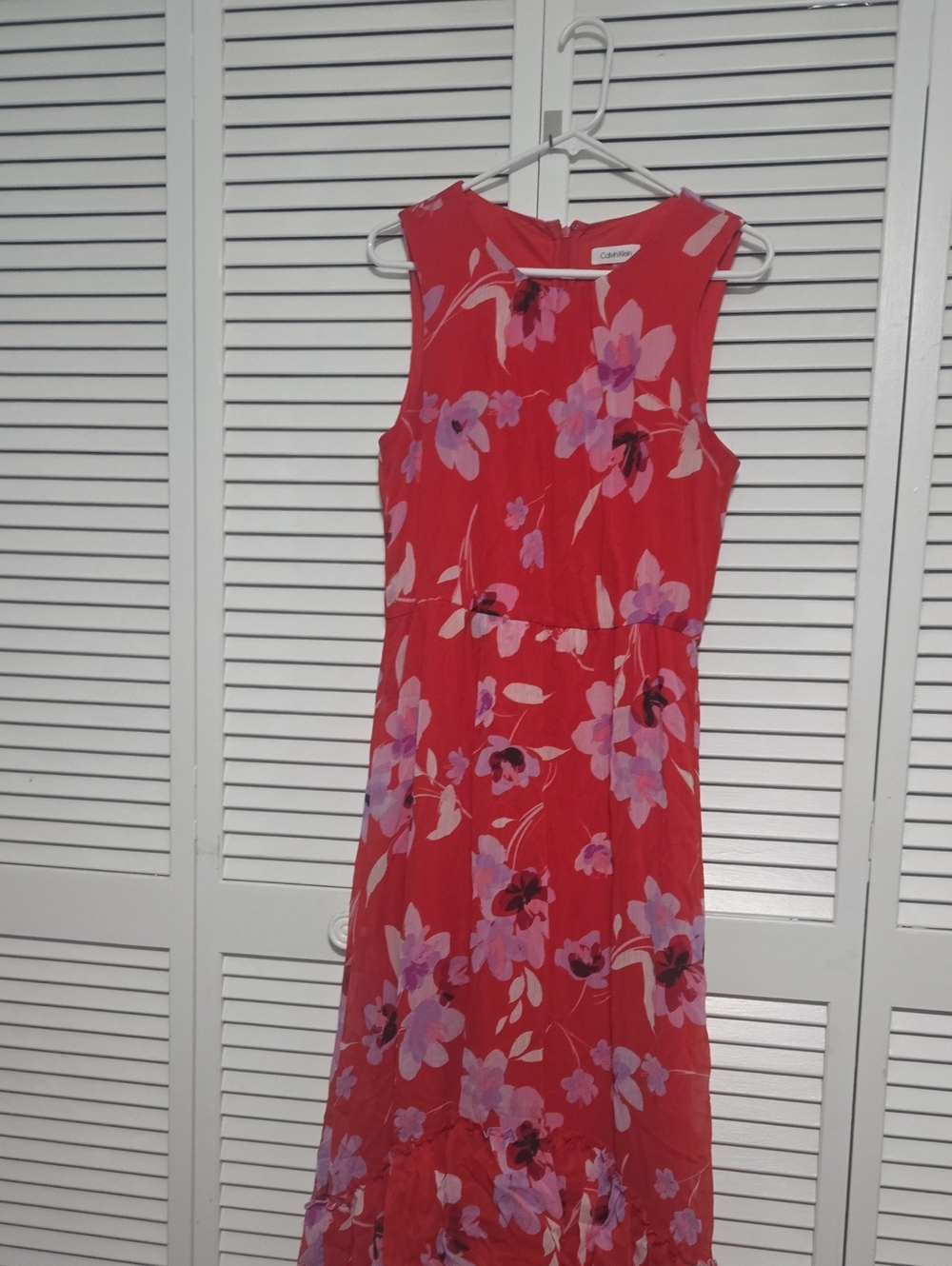 Calvin Klein Red Floral Maxi Dress with Pink & Purple Flowers